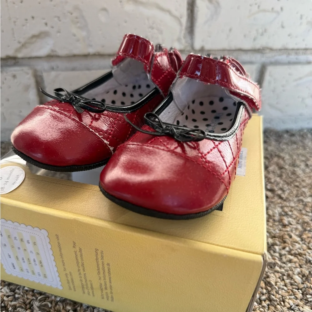Robeez Red MaryJane Shoes Black Bow Velcro Closure 18-24m Baby Shoes